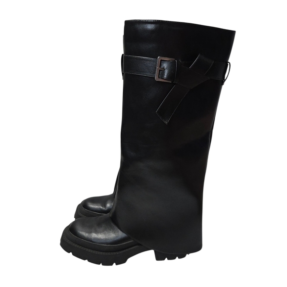 Zara Buckled Knee High Gaiter Boots Black - Picture 1 of 11